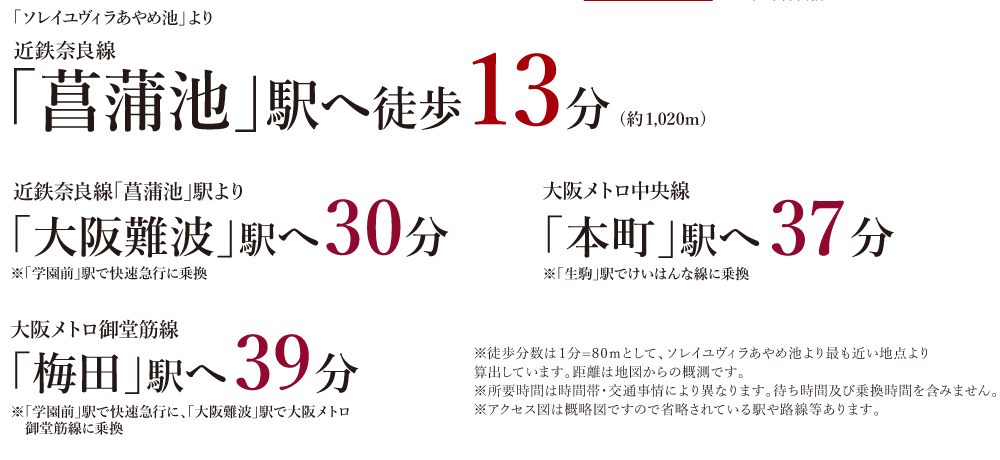 近鉄「生駒」駅より近鉄「大阪難波」駅へ23分※快速急行利用 JR「天王寺」駅へ21分※快速急行利用、「鶴橋」駅でJR大阪環状線天王寺方面へ乗り換え 大阪メトロ「本町」駅へ直通26分 大阪メトロ「梅田」駅へ30分※「本町」駅で大阪メトロ御堂筋線に乗り換え